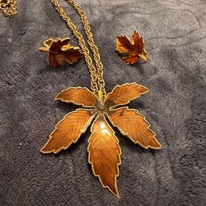 Gold and Orange Leaf Necklace and Earring Set